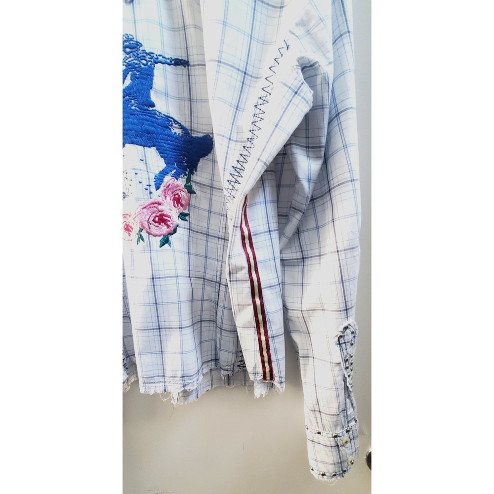 3J Workshop Johnny Was L Plaid Shirt Embroidery Rose Western Cowgirl Raw Hem L/S - Picture 8 of 16